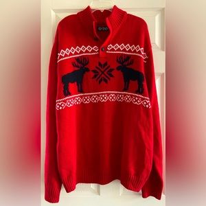 Chaps Sweater Mens XL Red Mock Neck Knit Pullover Moose Christmas 1/4 Button